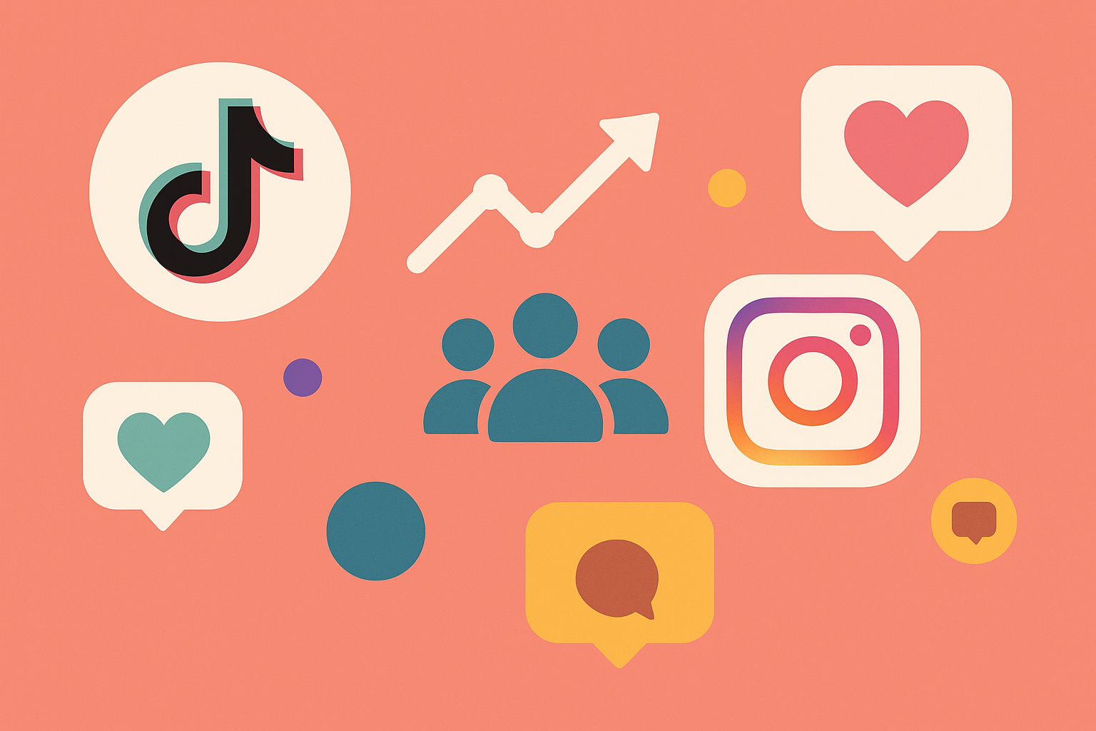 Flat-style illustration representing marketing ideas for small businesses, featuring TikTok and Instagram logos, growth icons, and engagement symbols like likes and comments on a vibrant background.