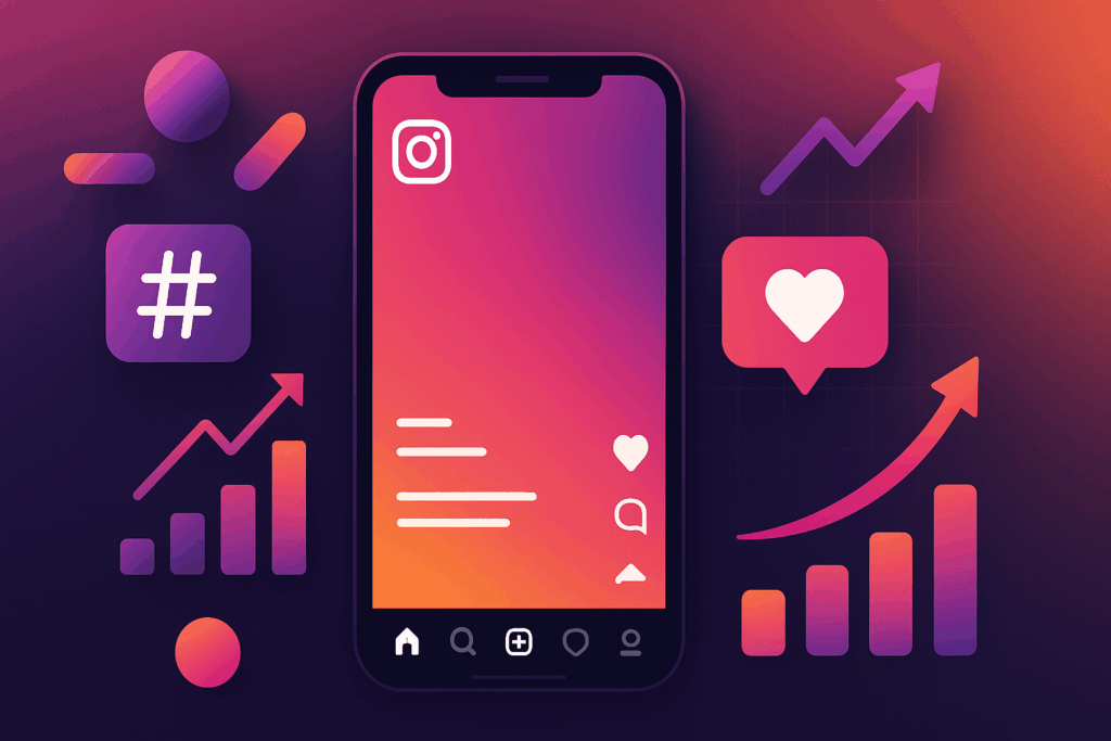 Flat-lay digital illustration of Instagram interface with reels, hashtags, analytics icons, and growth charts, representing Instagram Trends 2025.