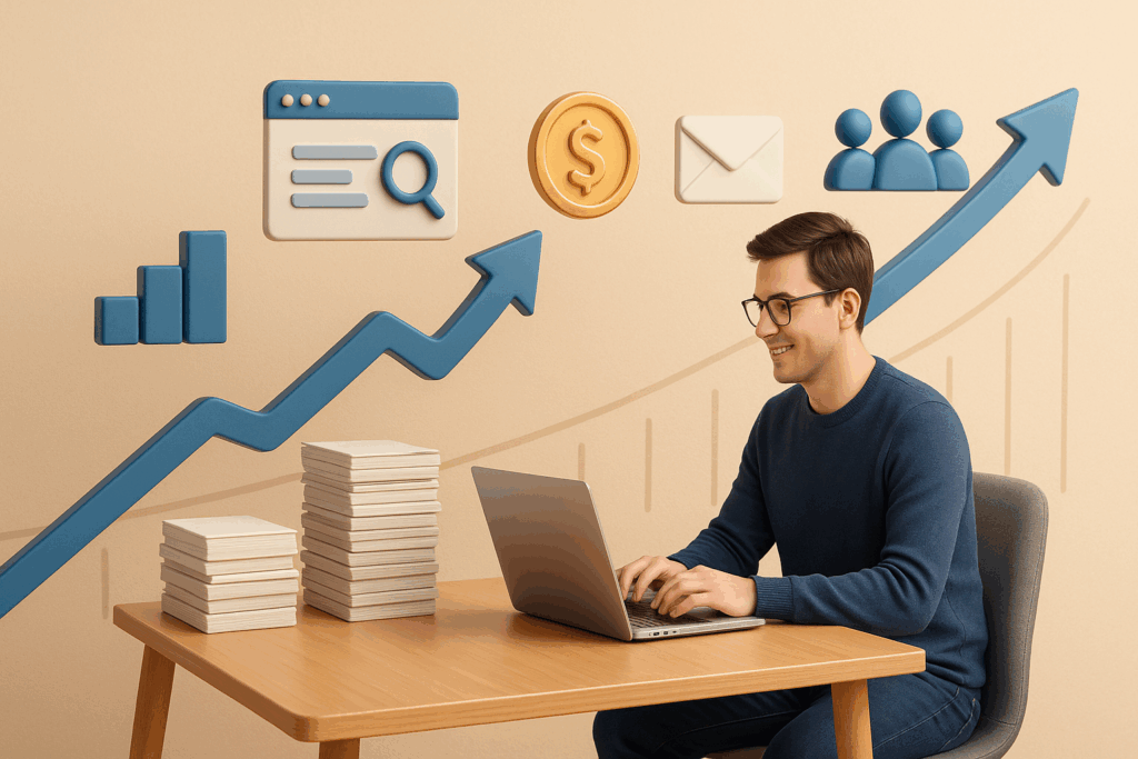 3D illustration of a blogger at a desk with stacks of papers, charts, and icons showing growth—visually representing the 100-Blog Post milestone.