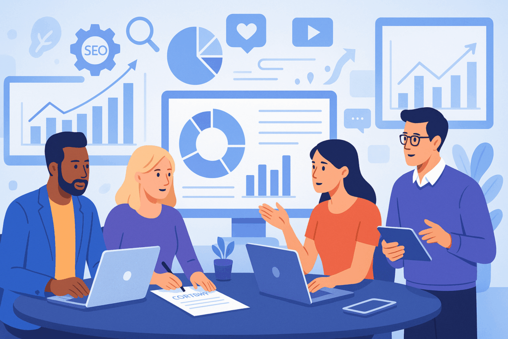 A diverse team of professionals collaborating on a content marketing strategy, analysing charts, laptops, and digital icons in a modern office setting.