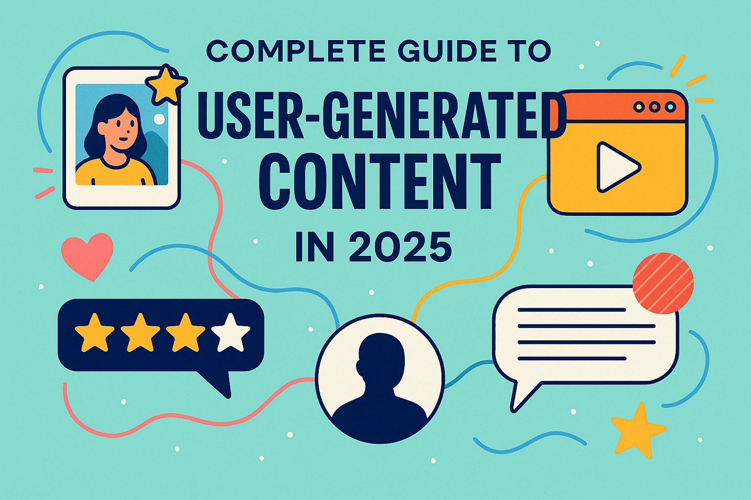 Colourful 2D illustration titled “Complete Guide to User-Generated Content in 2025,” featuring icons of photos, videos, reviews, and social media messages, with stars, hearts, and speech bubbles representing creativity, engagement, and community around user-generated content.