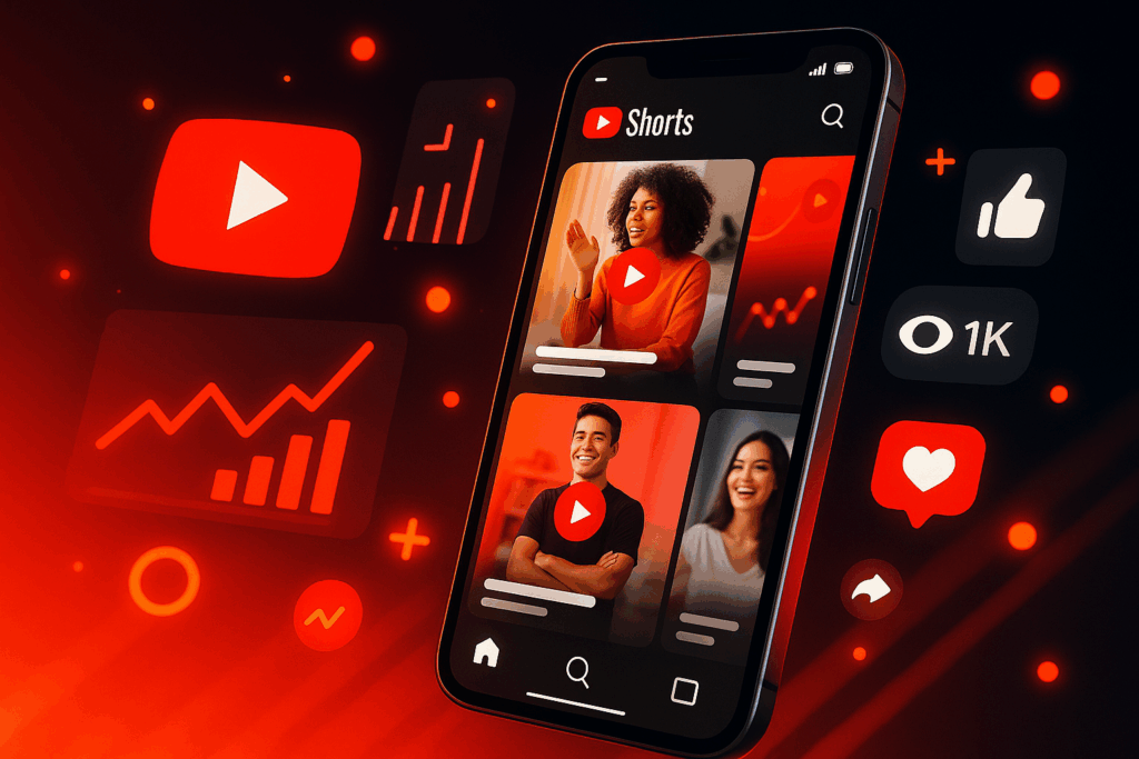 A smartphone screen displaying YouTube Shorts with vibrant thumbnails, creators, and engagement icons, symbolising digital marketing success and online growth.