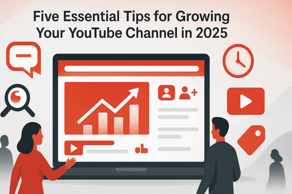 Digital illustration showing strategies to grow a YouTube channel in 2025, featuring analytics graphs, creators, and icons symbolising engagement, SEO, and optimisation.