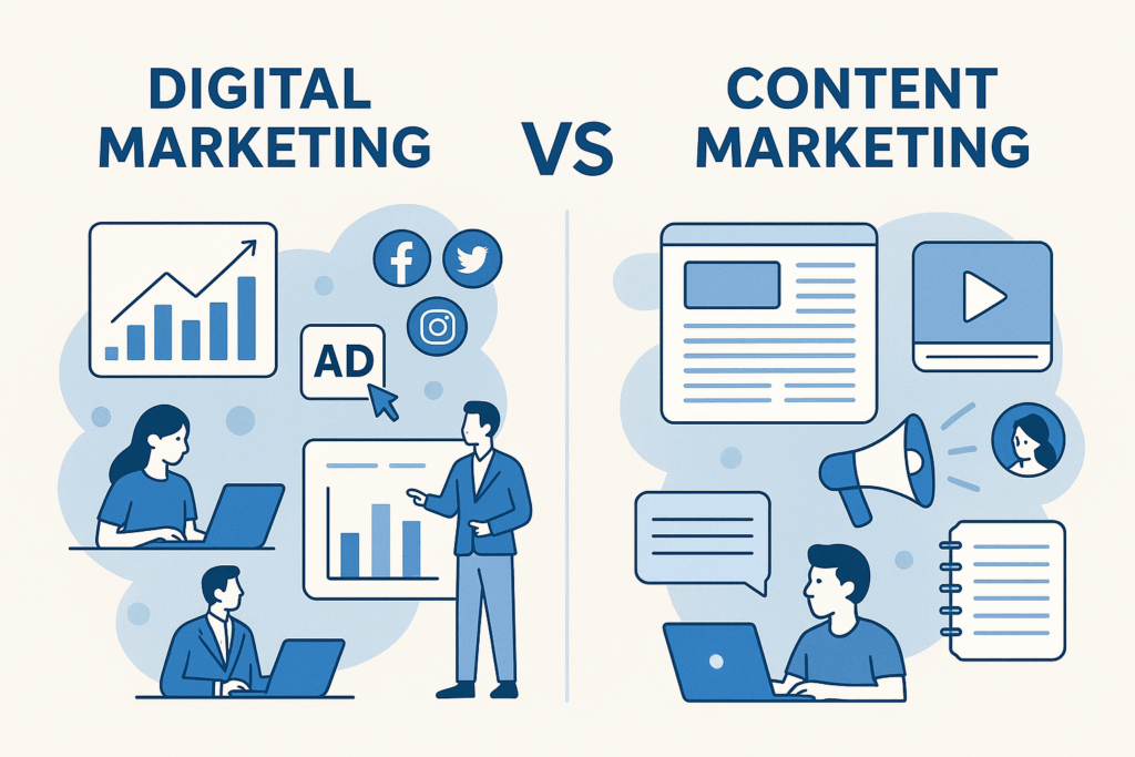 Illustration comparing Digital Marketing and Content Marketing, showing SEO, ads, and analytics on one side, and blogs, videos, and storytelling on the other.