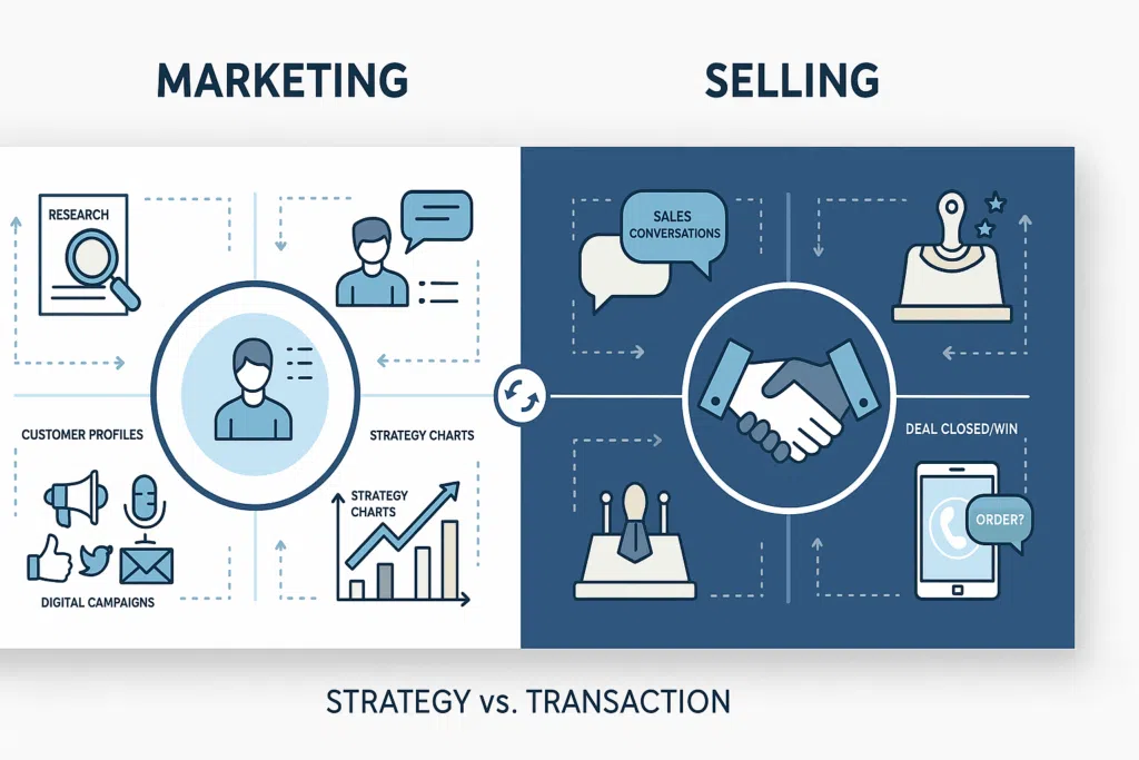 Marketing vs Selling infographic comparing marketing activities such as research, customer profiles, and digital campaigns with selling actions like sales conversations, deal closing and order processing.