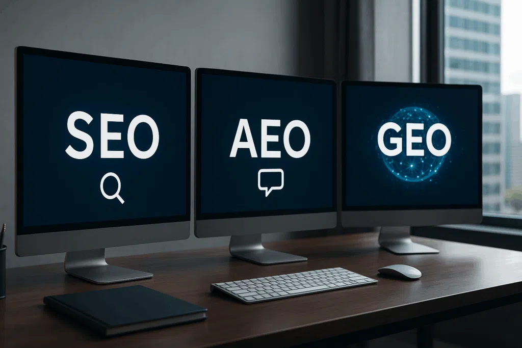 A photorealistic desk setup featuring three computer monitors displaying the terms SEO, AEO and GEO, representing the three pillars of modern search visibility.