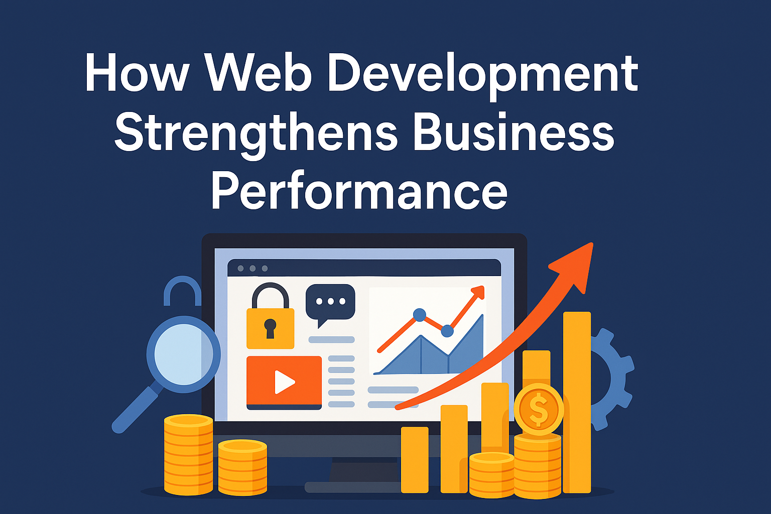 Illustration showing web development boosting business performance, featuring a computer screen with charts, security icons, coins, and growth arrows on a blue background.