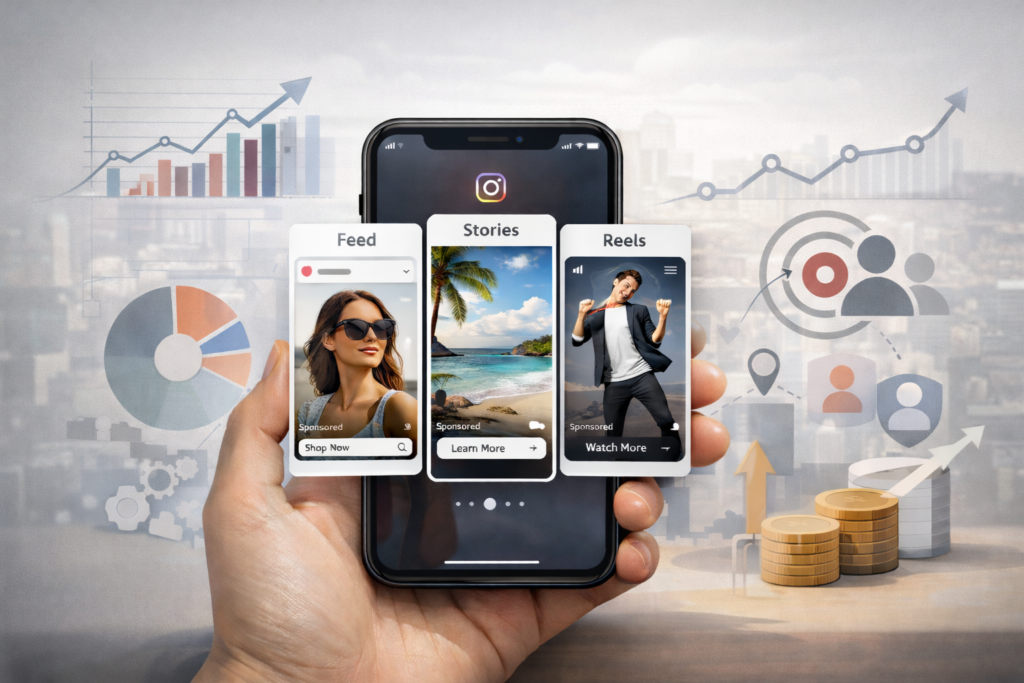 Landscape illustration of a smartphone showing Instagram Feed, Stories and Reels ads with “Sponsored” labels, surrounded by targeting and analytics icons, representing Instagram advertising in 2026.