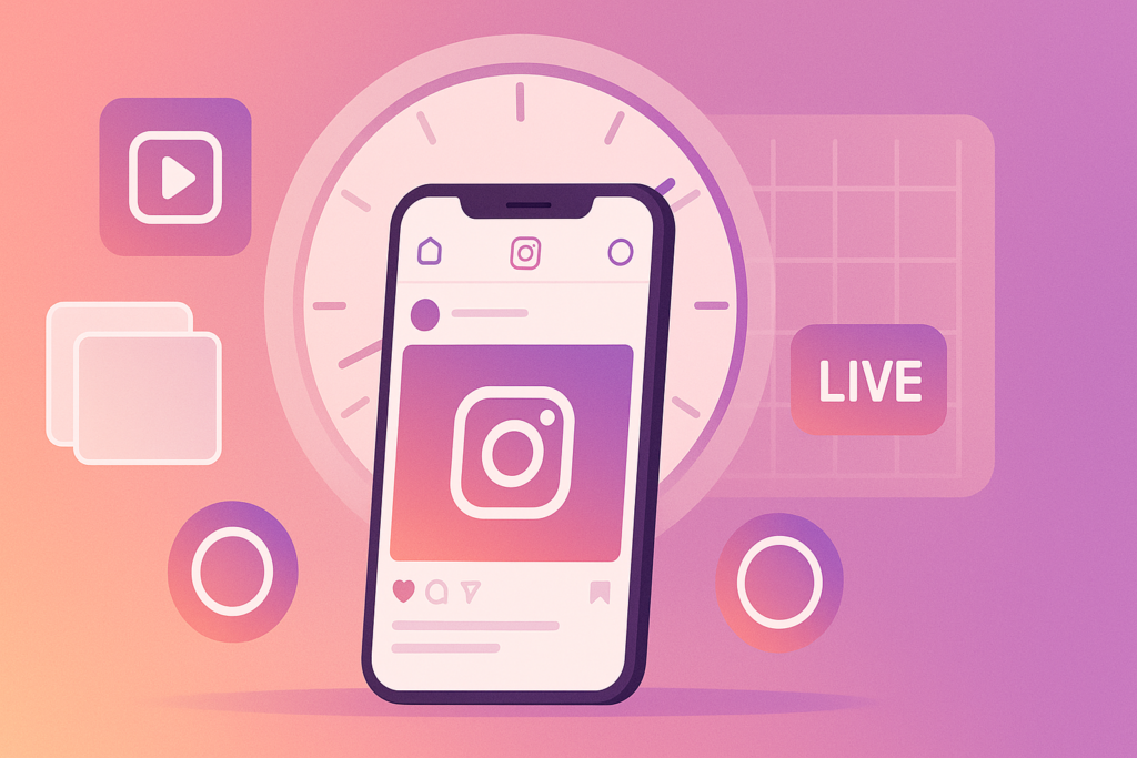 Flat-style illustration of a smartphone showing an Instagram-style feed, surrounded by icons for Reels, carousels, Stories and Live, with a clock and weekly calendar in the background to represent the best posting times on Instagram in 2025