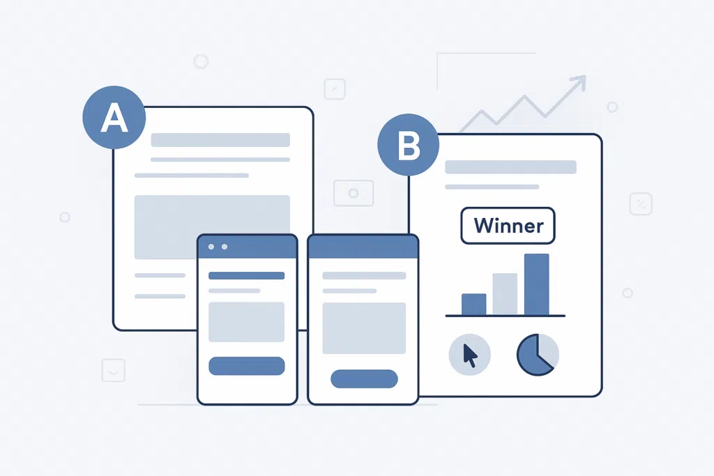 Illustration of A/B testing showing two page versions labelled A and B on screens, with a results panel highlighting the winning variant and higher conversion bars.
