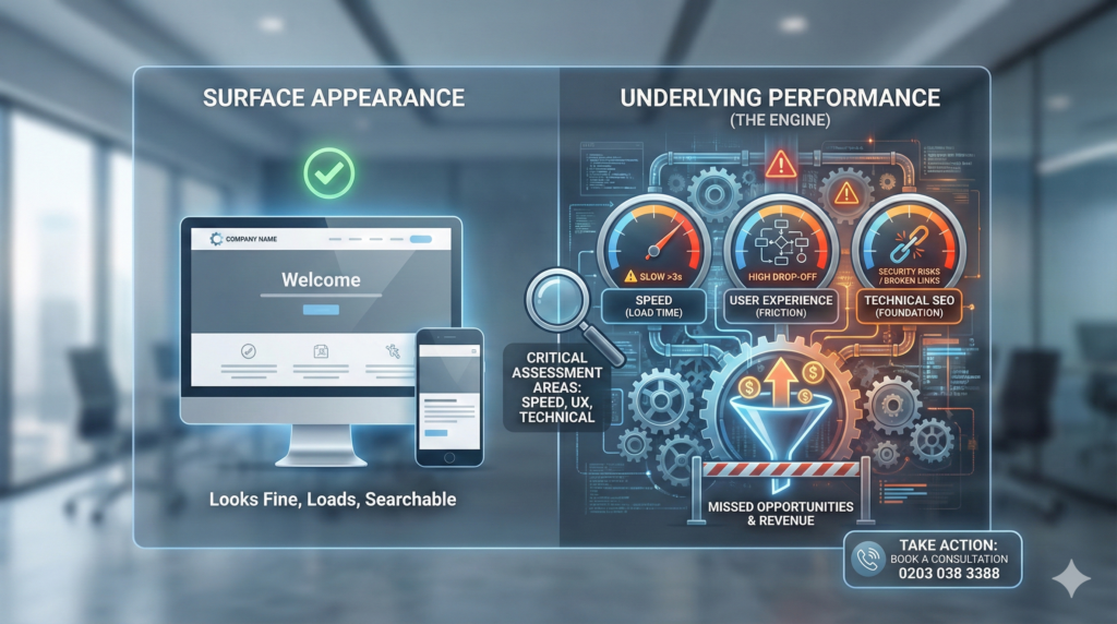 Website audit illustration showing a clean, professional website on the surface contrasted with hidden performance issues underneath, including slow speed, poor user experience, and technical SEO problems that lead to lost leads and revenue.