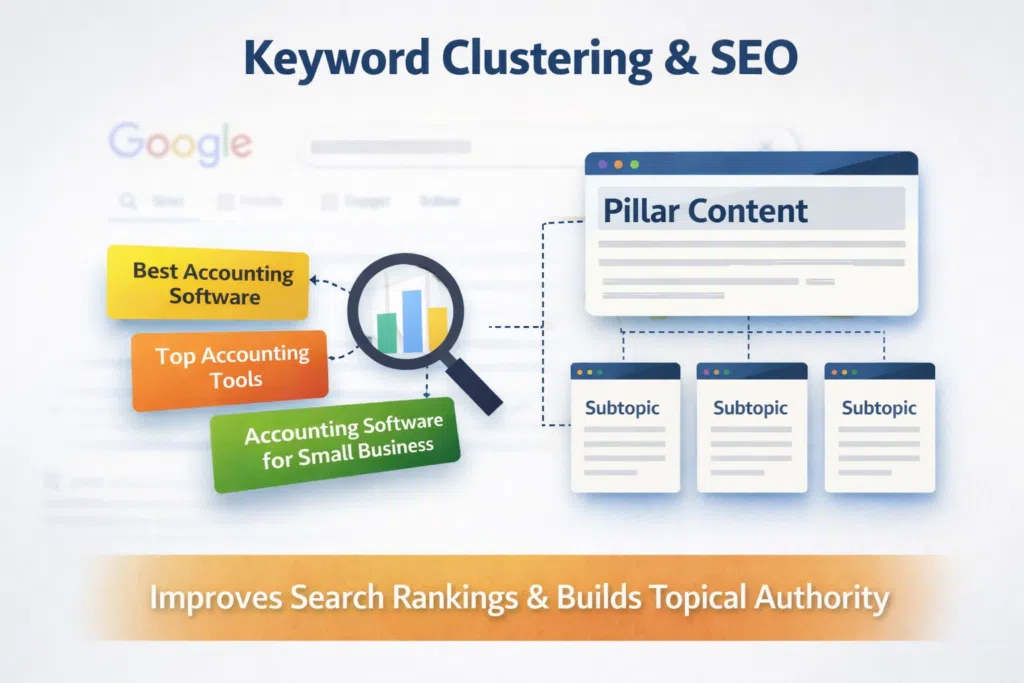 Illustration showing keyword clustering for SEO, grouping related search terms around a central topic to improve rankings and content relevance.