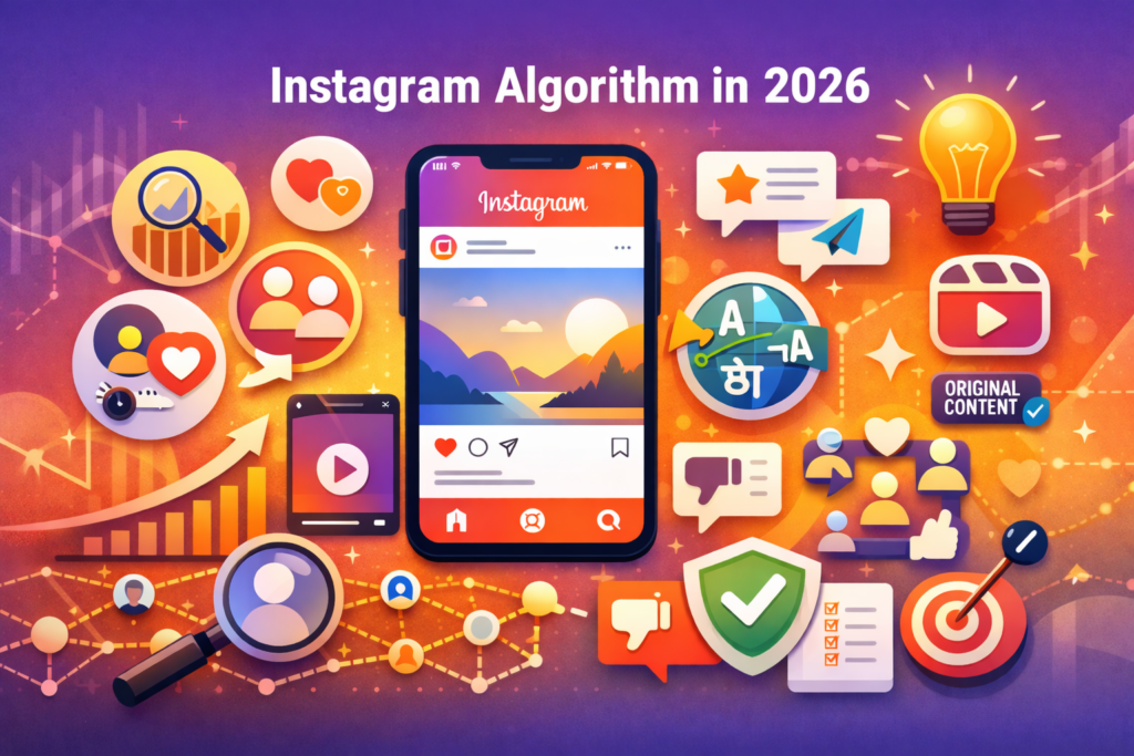 Illustration showing the Instagram algorithm in 2026 with a smartphone, engagement icons, data analytics and content ranking visuals.
