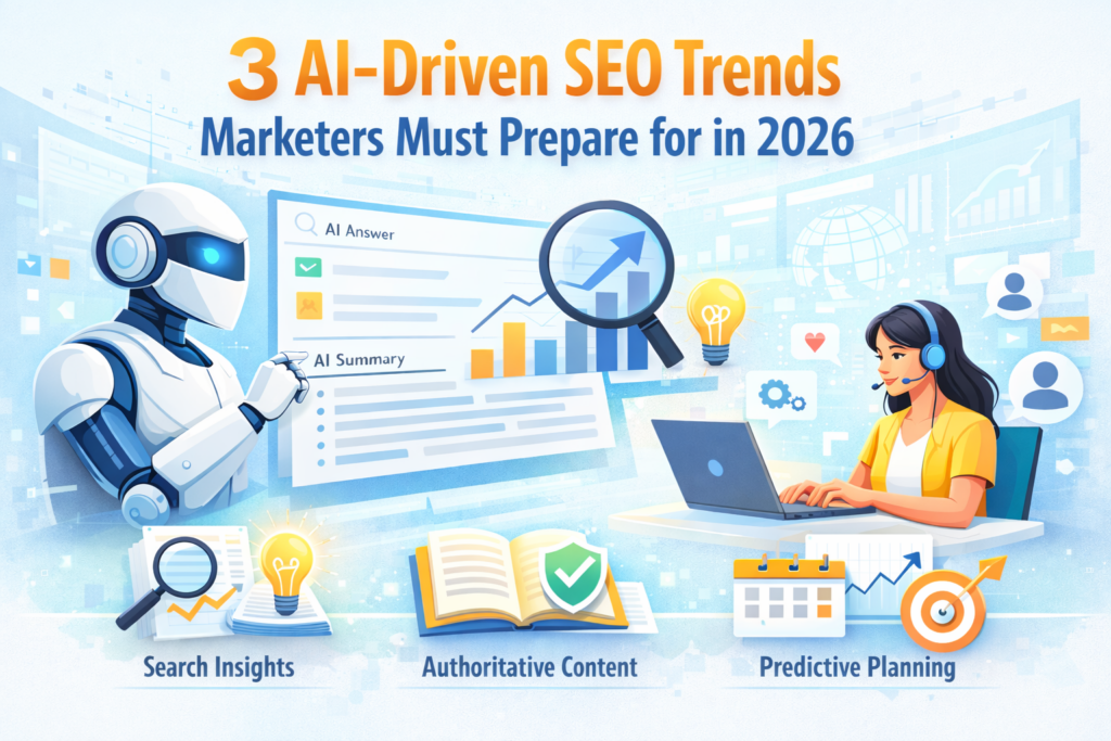 Illustration showing a marketer and intelligent search technology analysing data, representing key SEO trends digital marketers must prepare for in 2026.