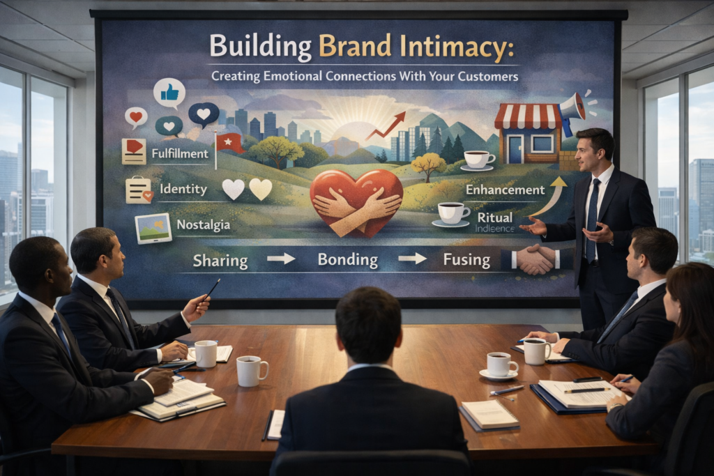 Business professionals in a modern conference room discussing brand intimacy, with a presentation highlighting emotional customer connection drivers such as fulfilment, identity, nostalgia, enhancement, indulgence and the stages of sharing, bonding, and fusing.
