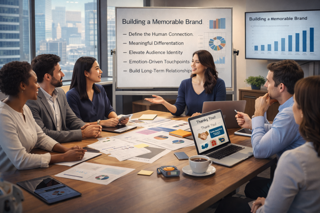 Professionals seated around a conference table in a modern office, discussing brand strategy with charts and documents, reflecting collaboration, clarity, and long-term brand building in a changing market.