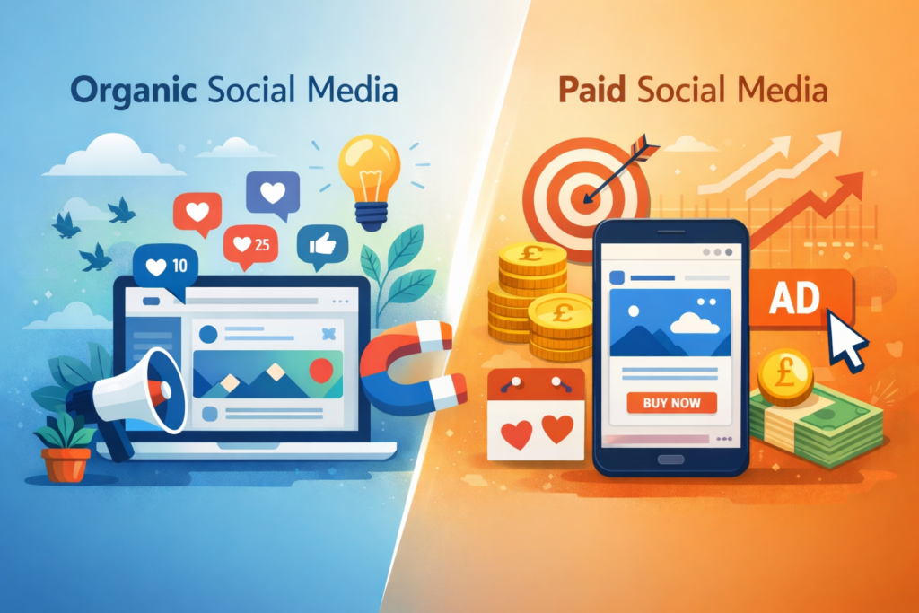 Organic vs Paid Social Media illustration showing the difference between unpaid social content and targeted paid advertising campaigns.