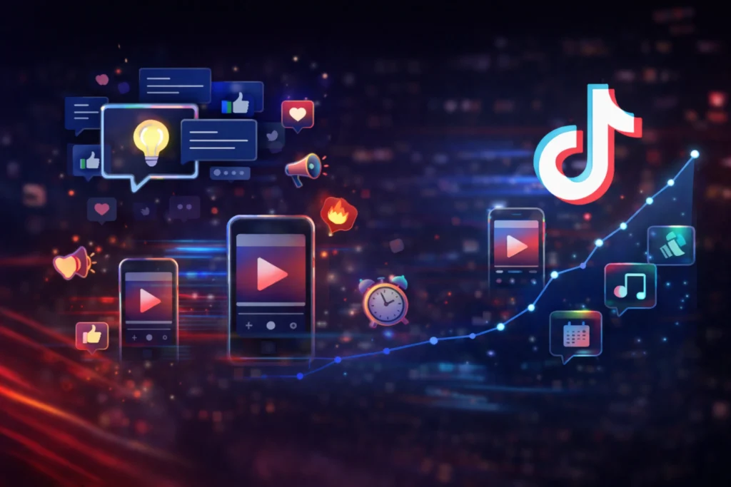 Digital illustration showing TikTok engagement signals, including comment interactions, video retention, posting consistency, analytics growth graph and platform icons.