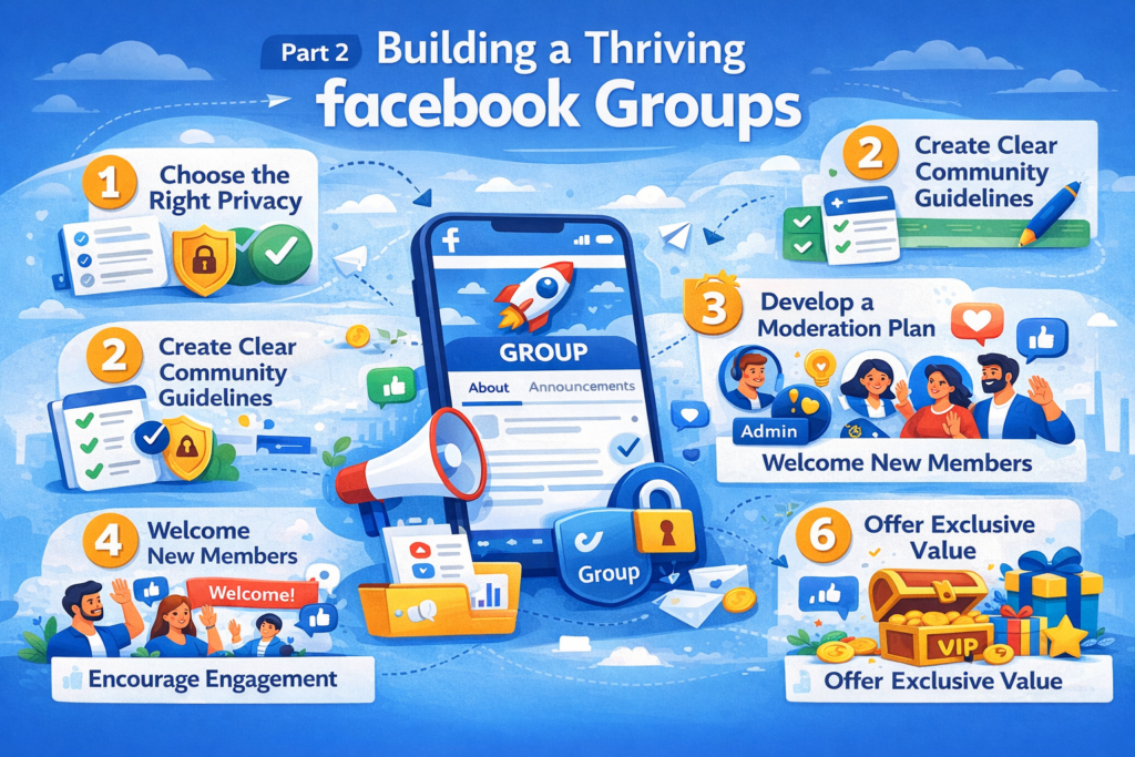Infographic showing how to build a successful Facebook Group, including choosing privacy settings, creating guidelines, moderating effectively, engaging members, and offering exclusive value.