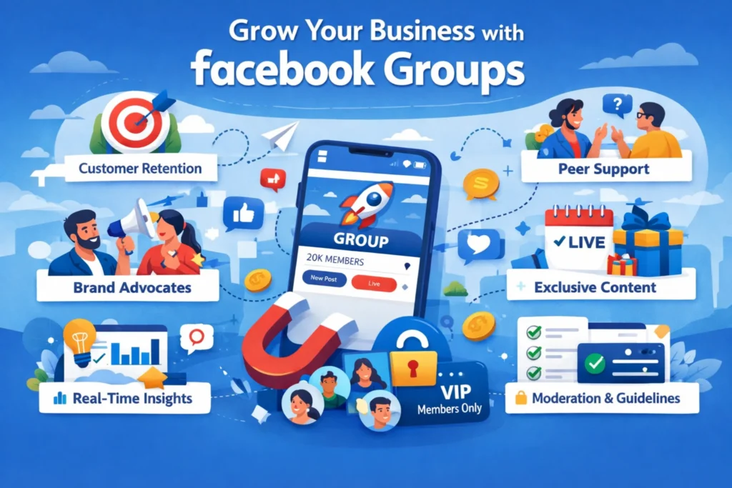 **Alt text:** Infographic illustrating how Facebook Groups help grow your business in 2026, highlighting customer retention, brand advocacy, peer support, exclusive content, real-time insights, and community engagement.