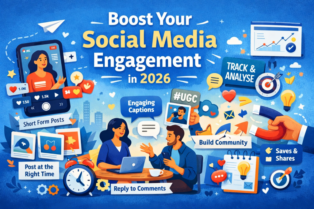 Illustration showing strategies to improve social media engagement in 2026, including short-form video, content timing, user interaction, analytics tracking, and community building.
