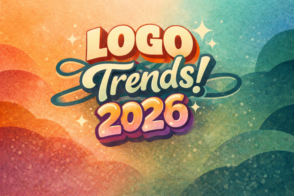 Modern logo design trends illustration showing bold typography, fluid shapes, handcrafted textures, and creative branding elements in 2026
