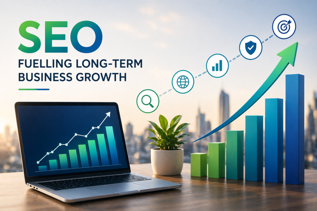 SEO fuelling long-term business growth with rising charts, showing how SEO impacts long-term business growth in 2026.