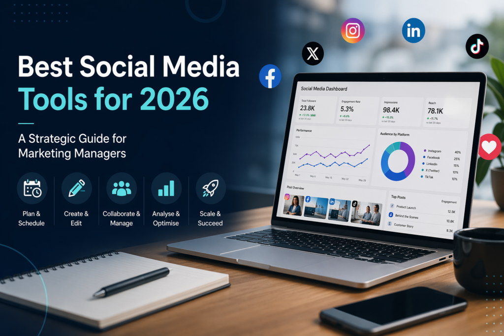 Professional workspace showing a laptop with analytics dashboard representing social media tools for marketing managers, highlighting content planning, performance tracking, and strategy for 2026