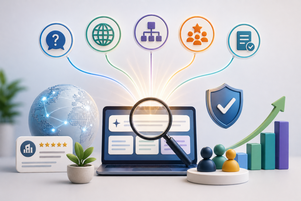 Minimal 3D illustration of brand visibility strategy showing a laptop with search results, connected icons, and upward growth chart, representing structured content, trusted sources, and measurable digital visibility improvements