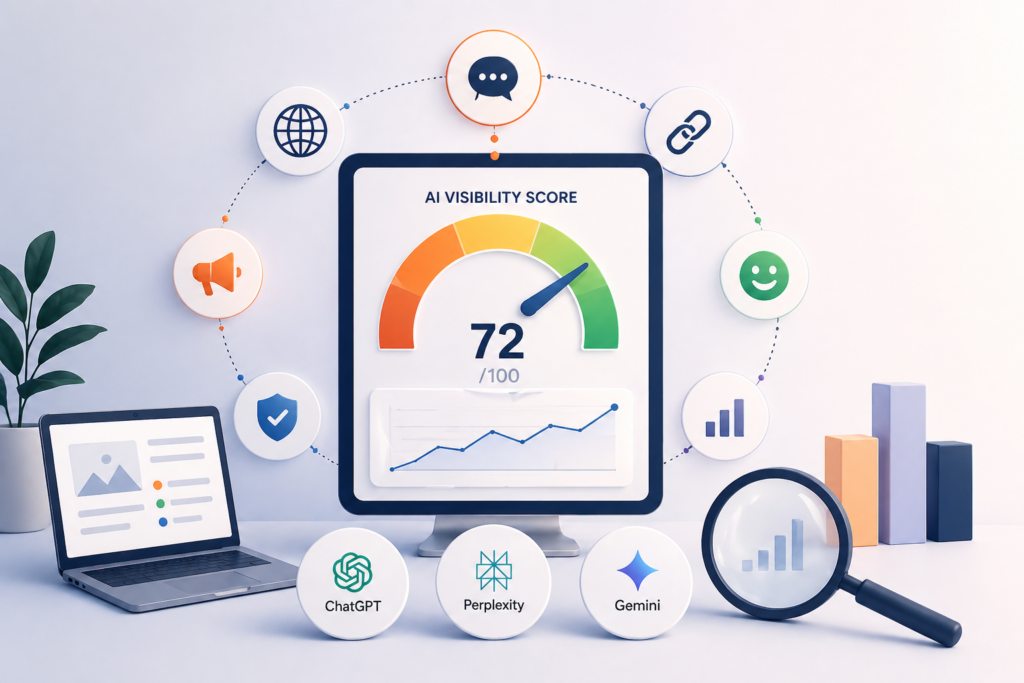 AI visibility concept illustration showing a digital dashboard with performance score, analytics charts, and connected platform icons representing brand presence across answer platforms