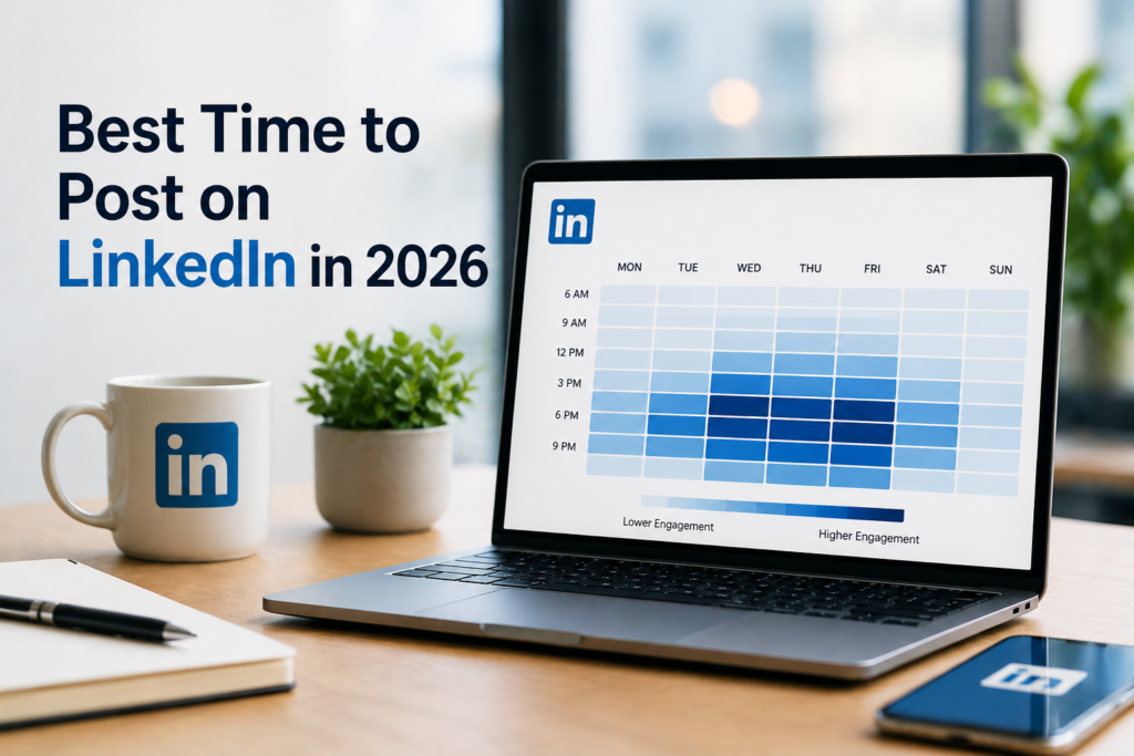 Best time to post on LinkedIn in 2026 shown on laptop screen with engagement heatmap in a modern office workspace