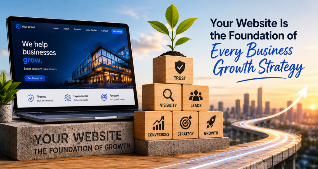 Modern business growth concept showing a professional website as the foundation of a successful Business Growth Strategy in 2026, driving trust, visibility and conversions.