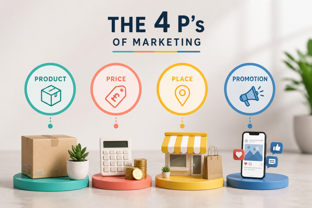 Illustration of the 4 Ps of Marketing showing product, price, place and promotion as key elements of a modern marketing strategy