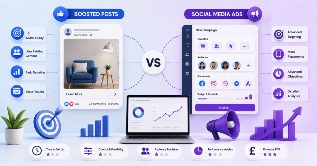 Boosted Posts vs Social Media Advertising visual comparing content amplification, audience reach, targeting options, engagement metrics, campaign objectives, and digital marketing strategy fundamentals.