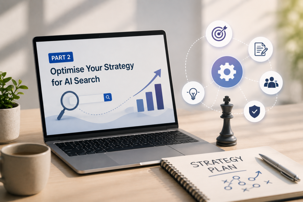 Modern business illustration of AI Search featuring a laptop, search interface, strategy icons, growth chart and optimisation elements, representing practical AI Search strategies for improving online visibility.