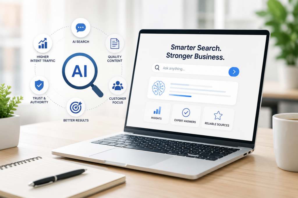 Professional illustration of AI Search on a laptop screen with digital marketing, search optimisation and AI-powered search elements, representing how AI Search is transforming online visibility and marketing strategies in 2026.