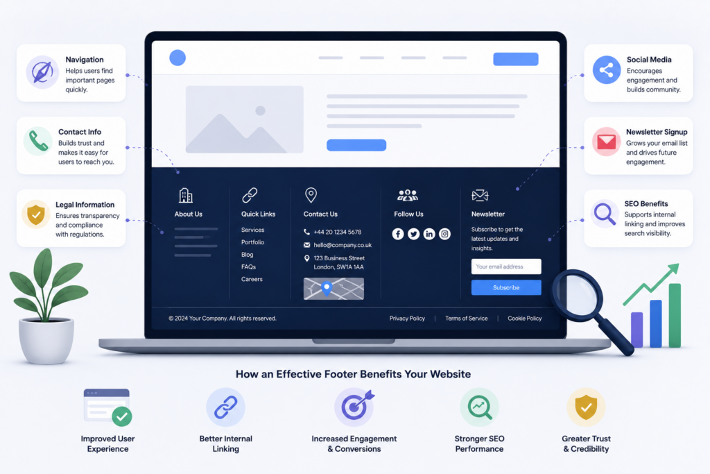 Website Footers illustration highlighting navigation, branding, contact details, newsletter signup and SEO benefits for improved user experience.