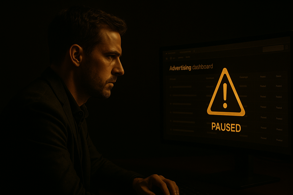 Business owner looking at a paused advertising dashboard with a warning icon