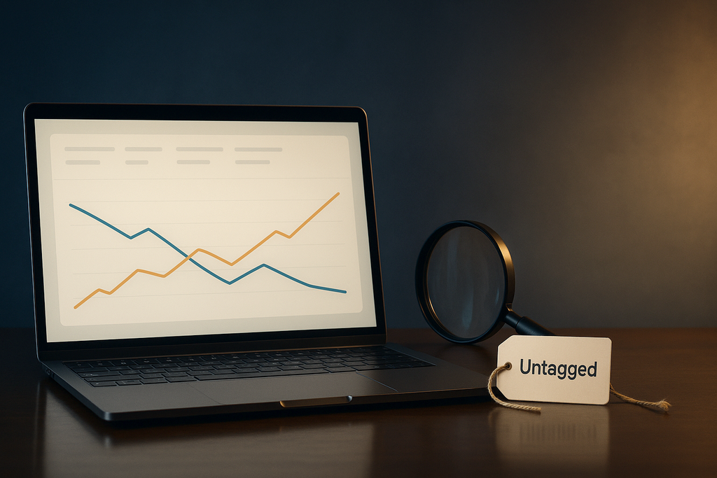 Laptop showing an analytics chart with one traffic line falling and another rising, a magnifying glass and a paper tag labelled Untagged