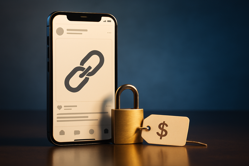 Smartphone showing a social media post with a link icon, next to a gold padlock and a price tag with a dollar sign, representing paid limits on links in posts