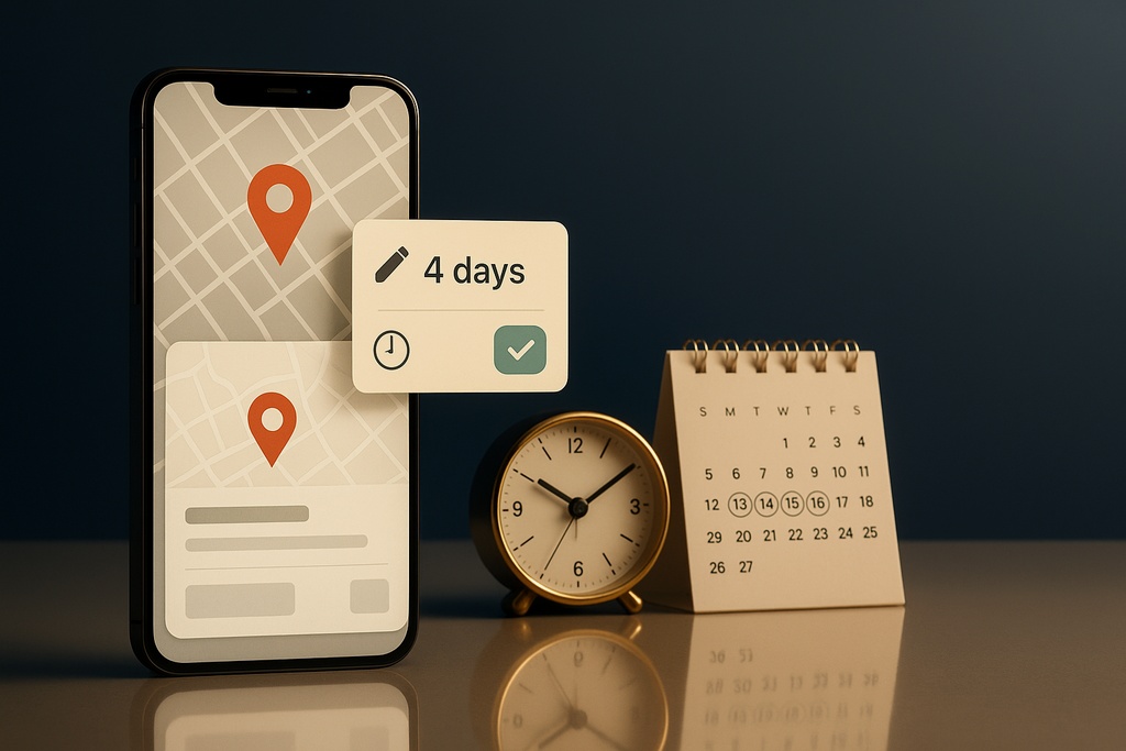 Smartphone showing a map listing with a '4 days' edit notification card, beside a desk clock and a calendar with four dates circled