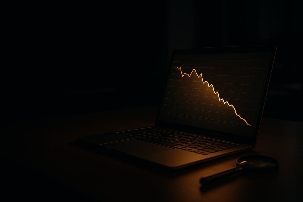 Laptop in a dark office showing an analytics line chart falling sharply, with a magnifying glass beside it