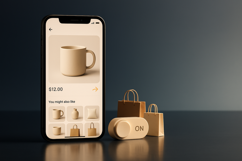 Smartphone showing an in-app product page with a price and suggested items, beside a toggle switched to ON and two shopping bags