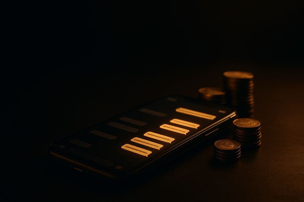 Smartphone on a dark desk showing glowing gold chat message bubbles beside stacks of coins, representing the cost of WhatsApp Business API messages